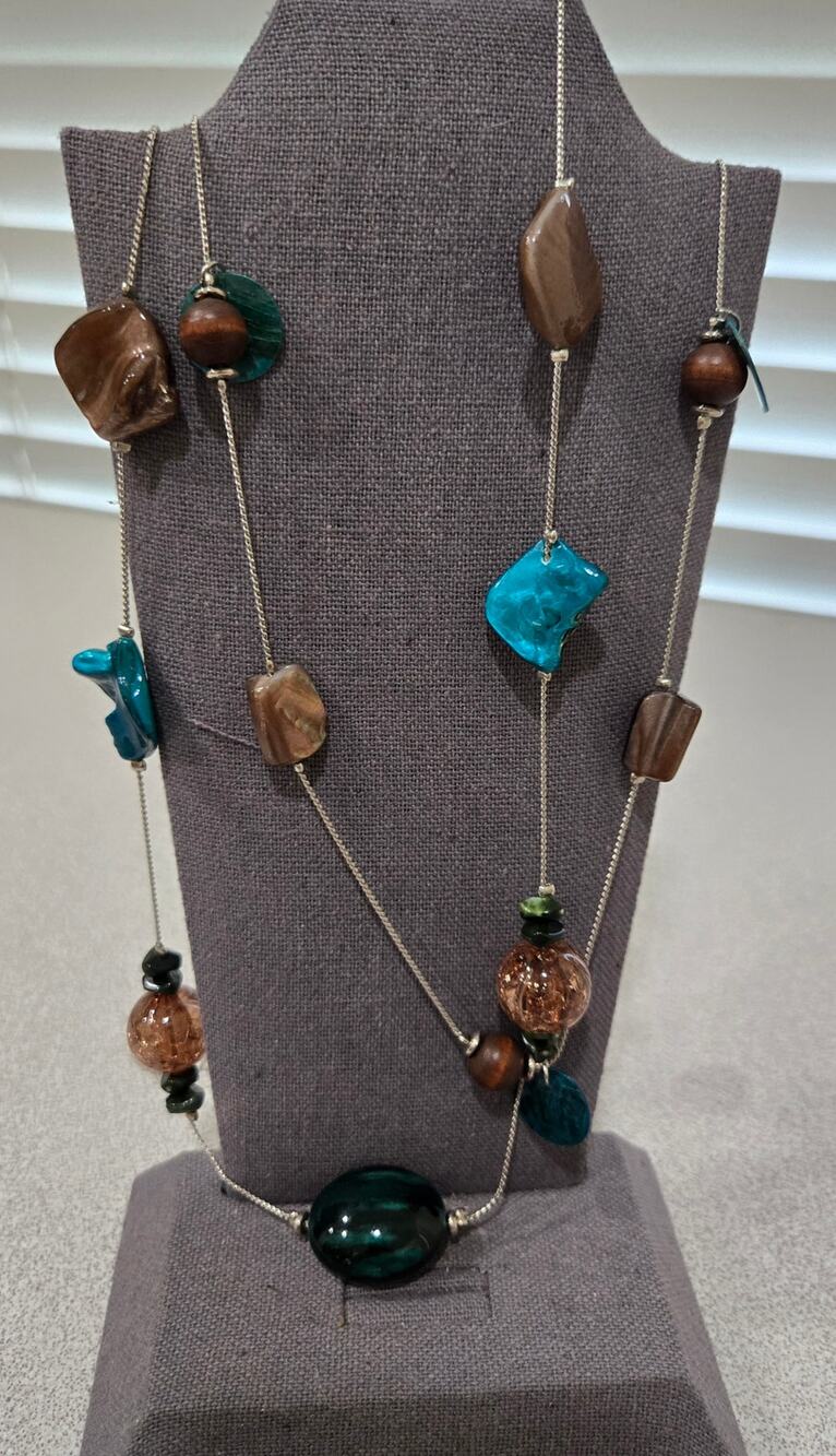 Silver Blue Green Stone Beads Double Strand Necklace Lobster Clasp